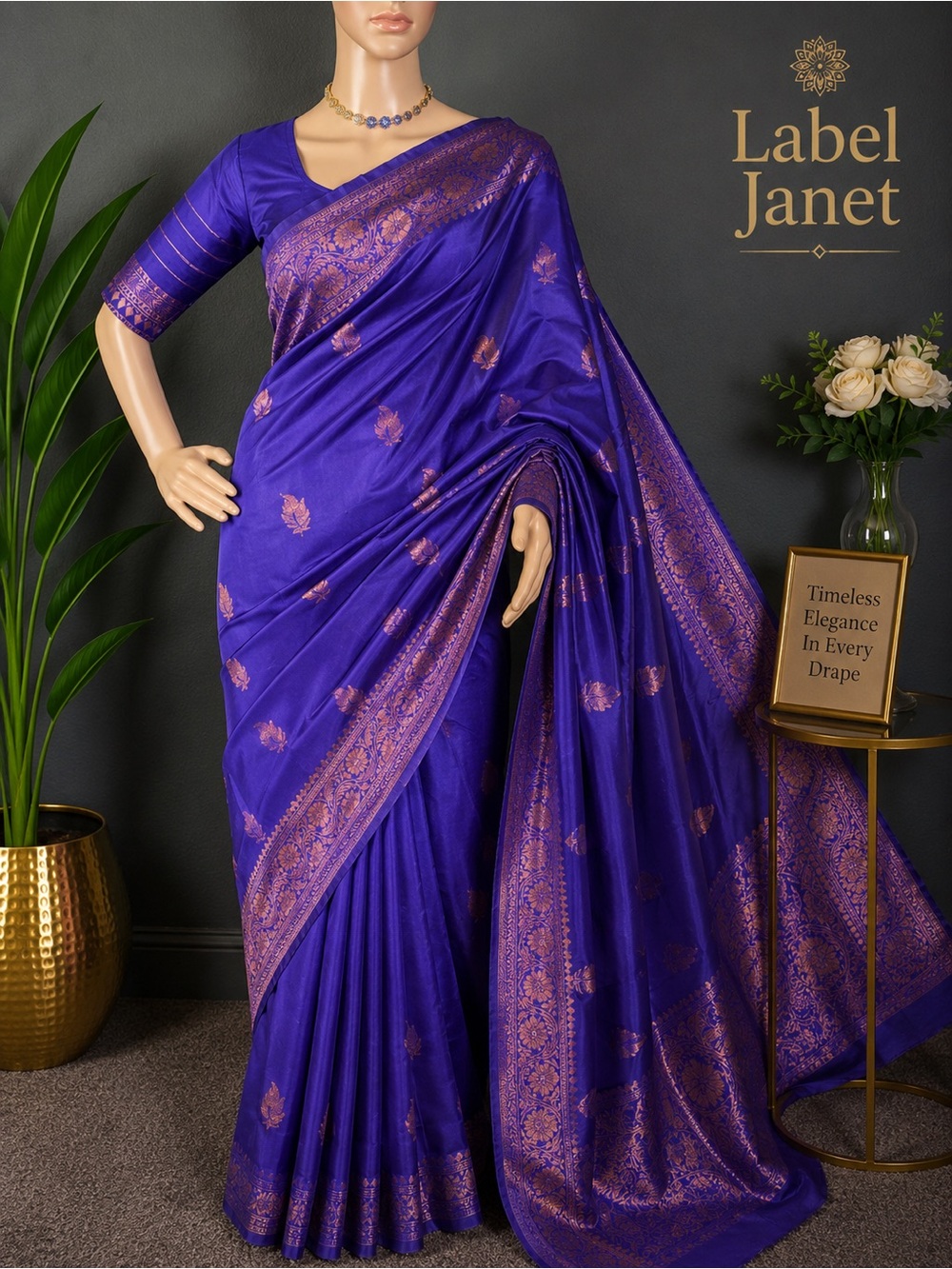 Brand new Blue soft Banarasi silk saree with stitched blouse (34” - 49”)